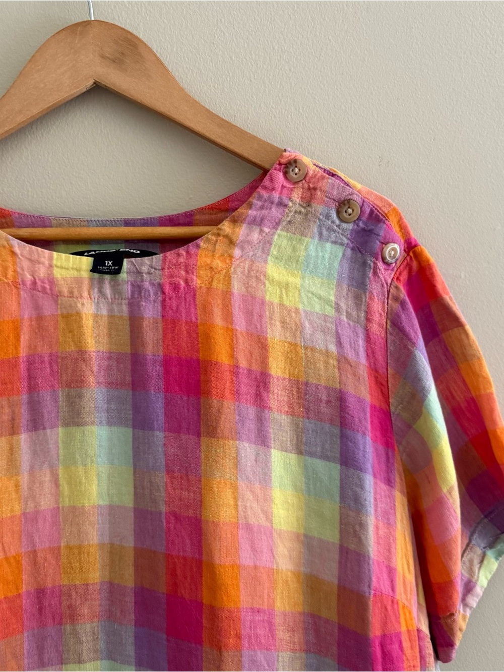 Lands End Linen Colorful Madras Plaid Short Sleeve Top women’s size 1X - Picture 2 of 6
